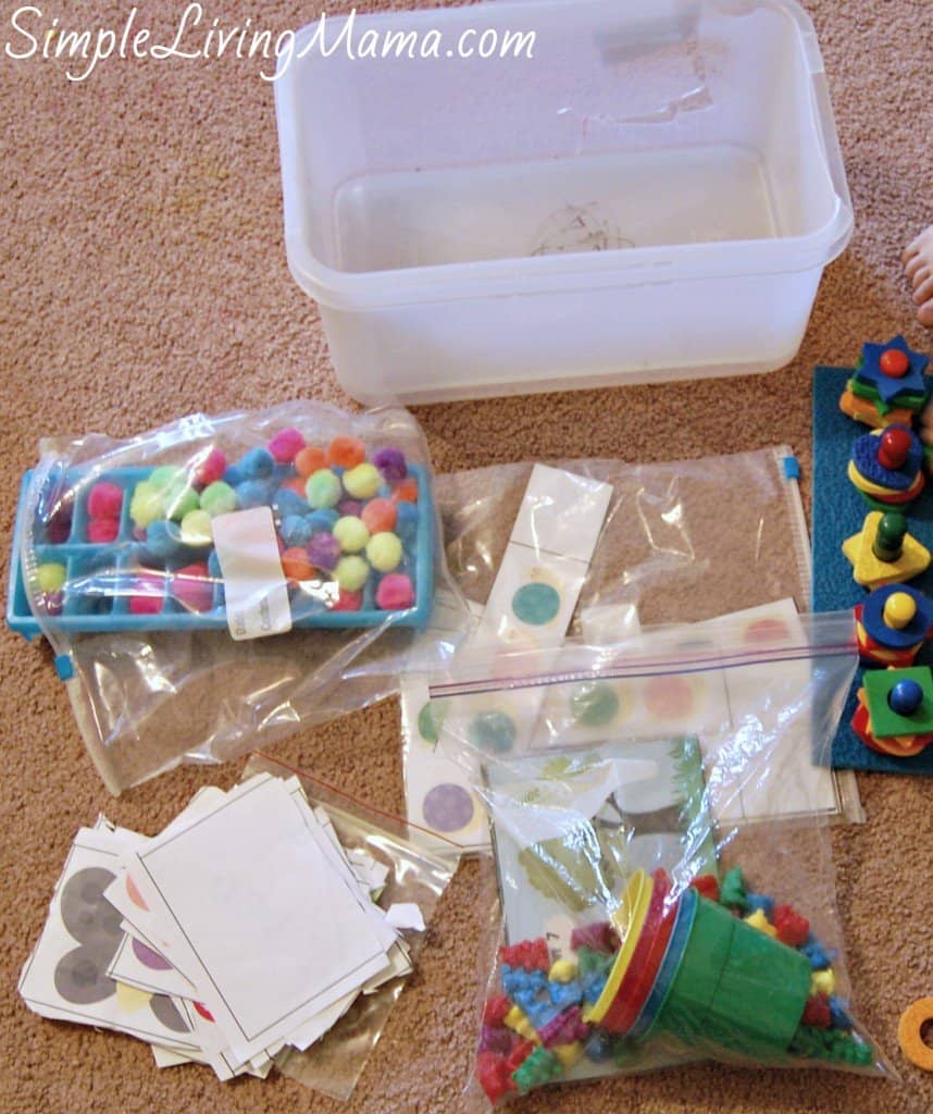 Homeschool preschool boxes to occupy older little ones during homeschool time.