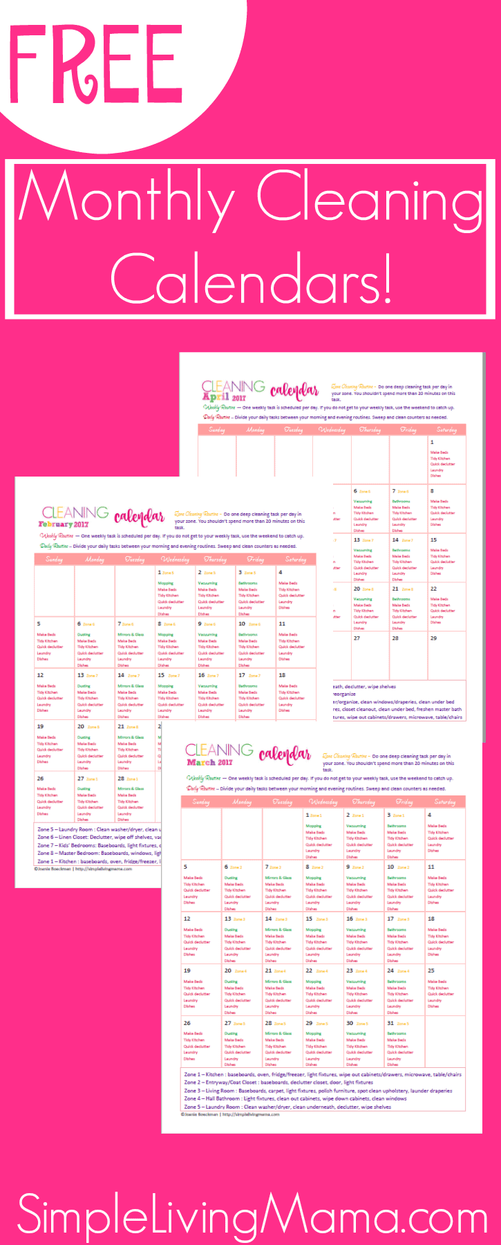 FREE printable monthly cleaning calendars to help you organize your housekeeping routines! Establish a cleaning routine and take control of your home! 