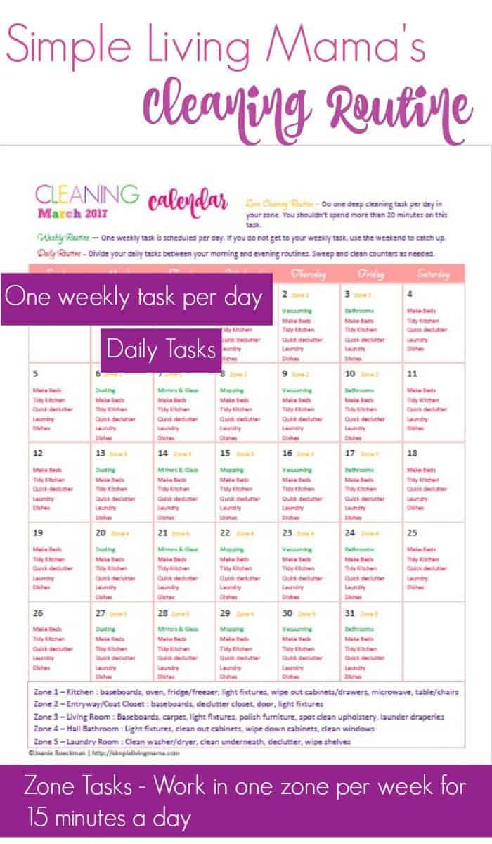 Learn how to establish a cleaning routine with Simple Living Mama's easy cleaning routine for moms! Free printable cleaning calendars can help you keep your house clean in just a few minutes a day!