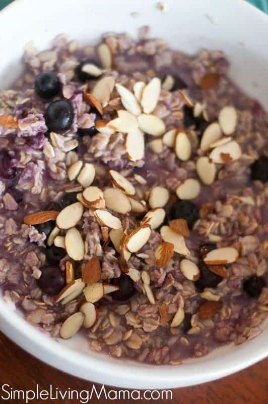 Delicious blueberry oatmeal topped with almonds