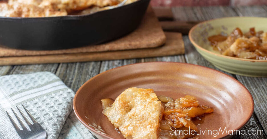 Skillet apple pie in plate.